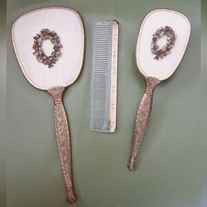 Matson Gold Filigree Ormolu Roses Hand Mirror Brush Comb Dresser Set - Vtg